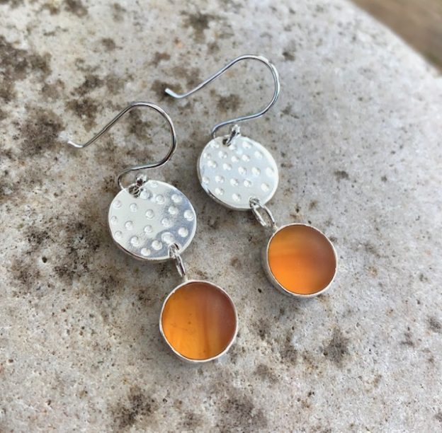 Amber Sea Glass & Silver Earrings