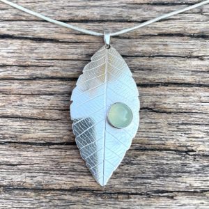Silver and pale green Chalcedony Leaf pendant